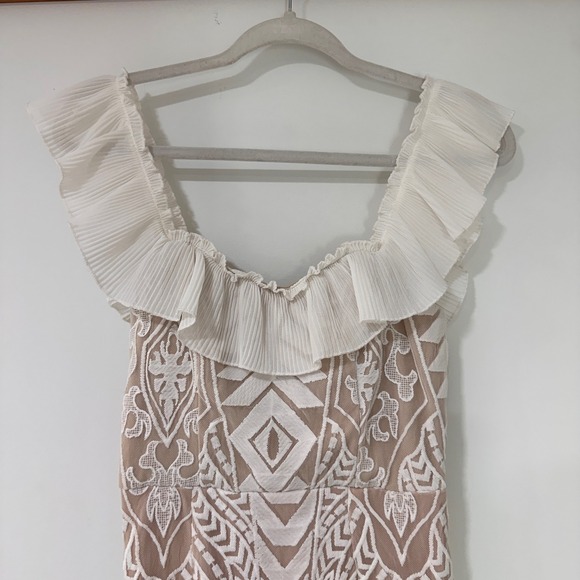 Angel Biba Lace High Low Mermaid Dress Women Size M White Tan Ruffle | Romantic - Picture 2 of 11